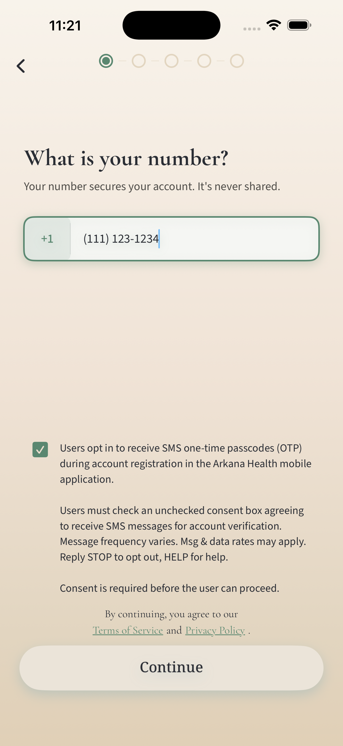 Arkana Health SMS consent screen with unchecked opt-in box required for account verification