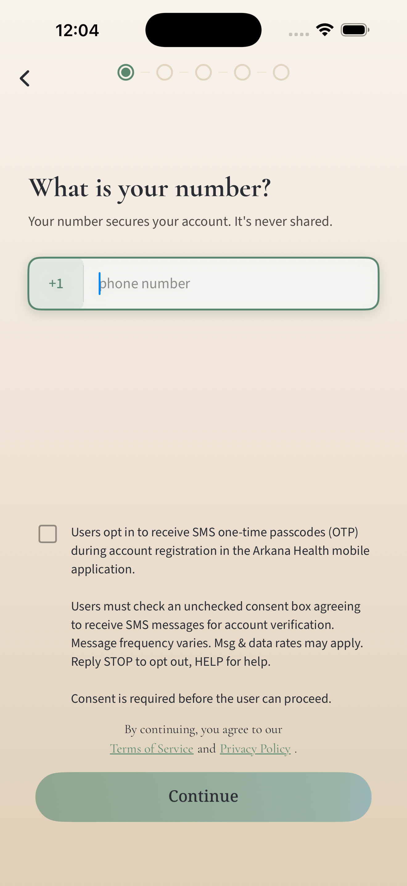 Arkana Health mobile registration screen requesting a phone number for SMS verification